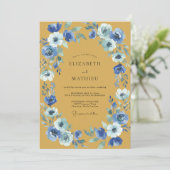 Mosterd Kobalt Ranunculus Eucalyptus Bruiloft Kaart (Staand voorkant)
