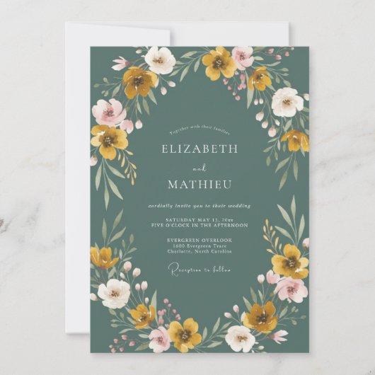 Mosterd Leisteen Wilde Bloemen Bruiloft Kaart (Voorkant)
