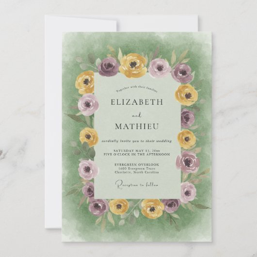 Mosterd Lila Ranunculus Zachte Eucalyptus Bruiloft Kaart (Voorkant)