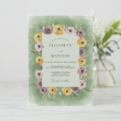 Mosterd Lila Ranunculus Zachte Eucalyptus Bruiloft Kaart (Staand voorkant)