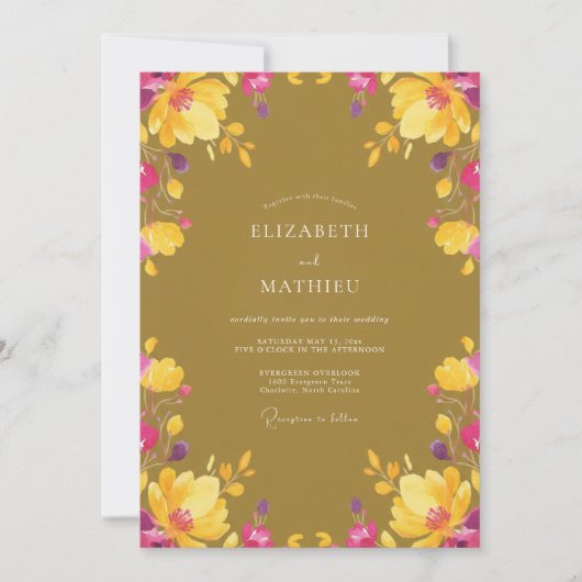 Mosterd Magenta Wilde Bloemen Bruiloft Kaart (Voorkant)