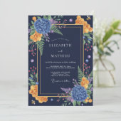 Mosterd Middernacht Hydrangea Eucalyptus Bruiloft Kaart (Staand voorkant)
