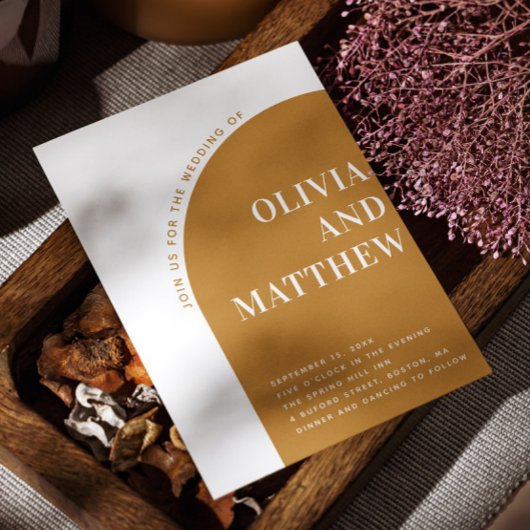 Mosterd moderne typografie boog bruiloft + QR Kaart