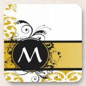 Mosterd monogrammatisch damaspatroon onderzetter (Voorkant)