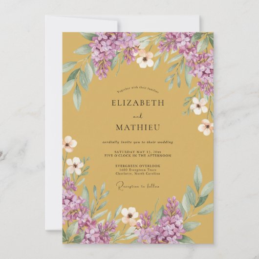 Mosterd Paarse Sering Eucalyptus Bruiloft Kaart (Voorkant)