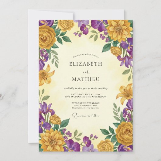 Mosterd Paarse Wilde Bloemen Bruiloft Kaart (Voorkant)