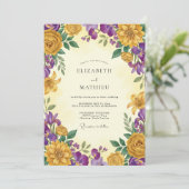 Mosterd Paarse Wilde Bloemen Bruiloft Kaart (Staand voorkant)