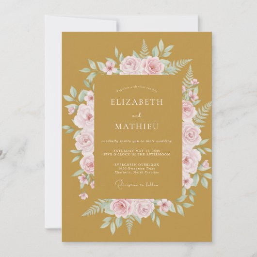 Mosterd Roze Loof Eucalyptus Bruiloft Kaart (Voorkant)