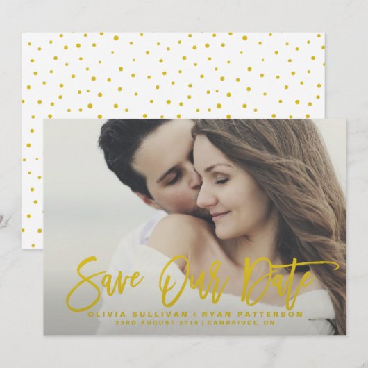 Mosterd Rustieke Kalligrafie Red Onze Date Kaart (Voorkant / Achterkant)