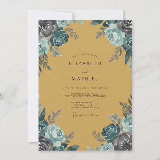 Mosterd Teal Rozen Bruiloft Kaart (Voorkant)