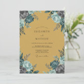 Mosterd Teal Rozen Bruiloft Kaart (Staand voorkant)