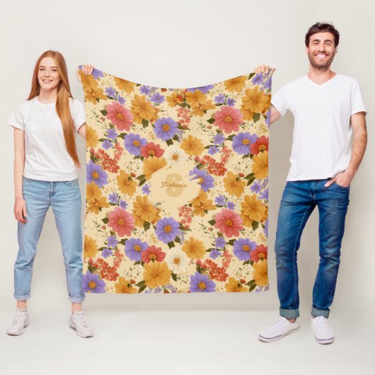 Mosterd Terracotta Blau Wilde Bloem Fleece Deken (In situ)