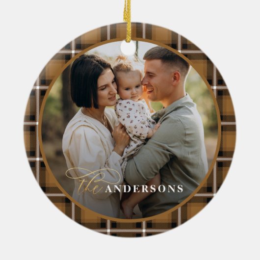 Mosterd traditionele tartan gepersonaliseerde kers keramisch ornament (Achterkant)