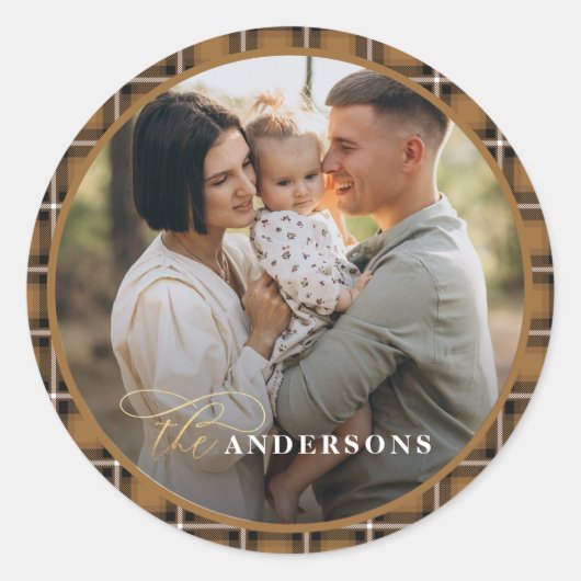 Mosterd traditionele tartan gepersonaliseerde kers ronde sticker (Voorkant)