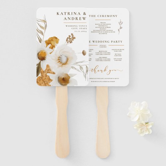 Mosterd Waterverf Floral Wedding Programme Fans Handwaaier (Voorkant en achterkant)