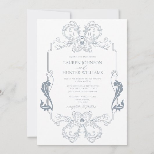  mosterdblauwe lijn Art Monogram Invita Kaart (Voorkant)