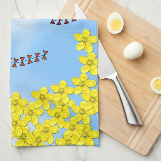 Mosterdbloemen en vliegers en wolken theedoek (Quarter Fold)