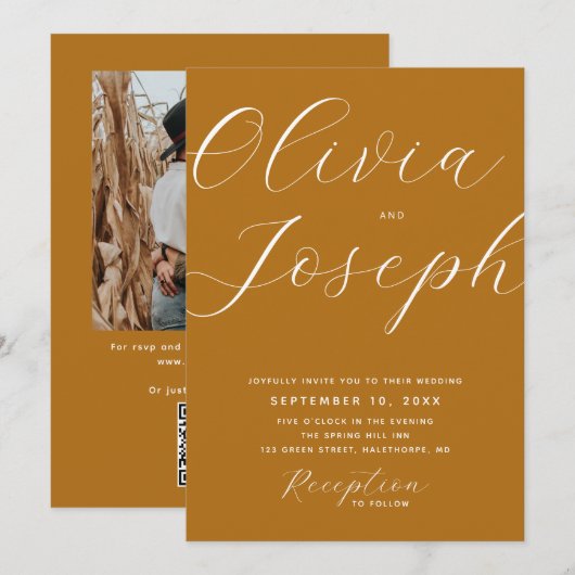 Mosterdbruine bruiloft | Herfst rustieke foto & QR Kaart (Voorkant / Achterkant)