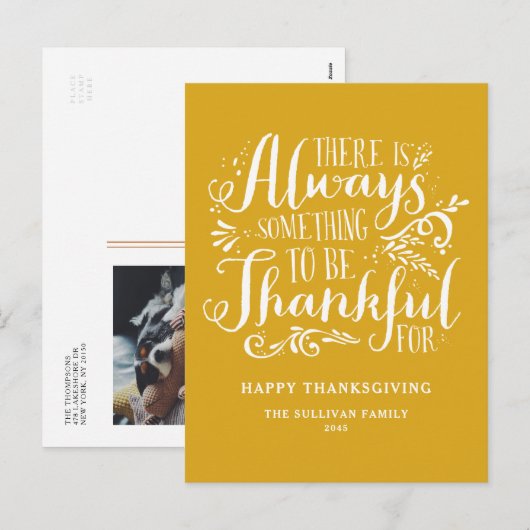 Mosterdgeel altijd dankbaar citaat Thanksgiving Feestdagenkaart (Voorkant / Achterkant)