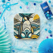 Mosterdgeel Blauwgroen Blauwe Pinguïn in Abstracte Papieren Bordje (Feest)