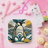 Mosterdgeel Blauwgroen Blauwe Pinguïn in Abstracte Papieren Bordje (Feest)