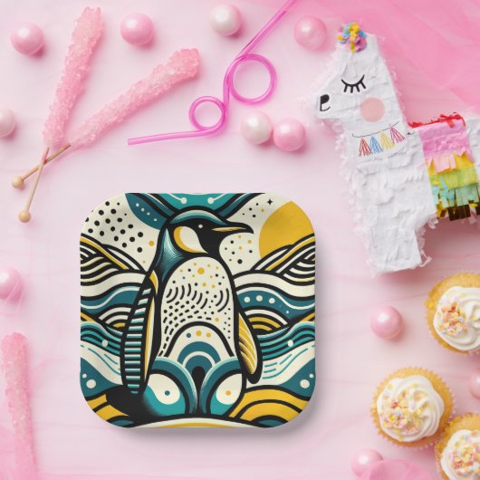 Mosterdgeel Blauwgroen Blauwe Pinguïn in Abstracte Papieren Bordje (Feest)