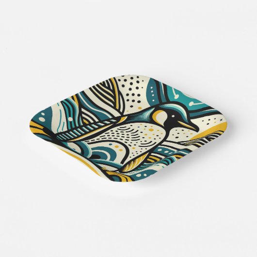 Mosterdgeel Blauwgroen Blauwe Pinguïn in Abstracte Papieren Bordje (Gebogen)