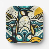 Mosterdgeel Blauwgroen Blauwe Pinguïn in Abstracte Papieren Bordje (Voorkant)