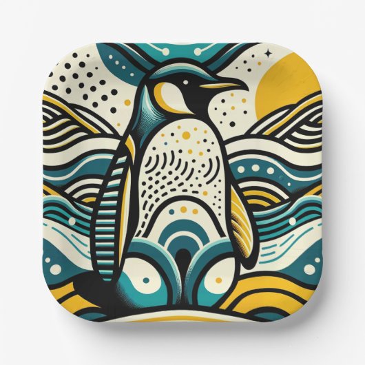 Mosterdgeel Blauwgroen Blauwe Pinguïn in Abstracte Papieren Bordje (Voorkant)