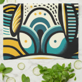 Mosterdgeel Blauwgroen Blauwe Pinguïn in Abstracte Theedoek (Gevouwen)