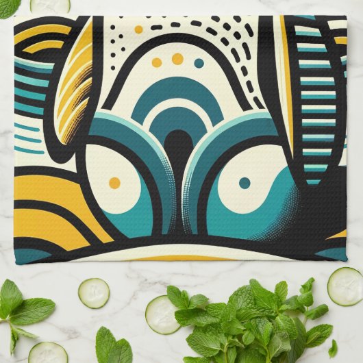 Mosterdgeel Blauwgroen Blauwe Pinguïn in Abstracte Theedoek (Gevouwen)