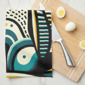 Mosterdgeel Blauwgroen Blauwe Pinguïn in Abstracte Theedoek (Quarter Fold)