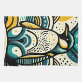 Mosterdgeel Blauwgroen Blauwe Pinguïn in Abstracte Theedoek (Horizontaal)