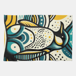 Mosterdgeel Blauwgroen Blauwe Pinguïn in Abstracte Theedoek