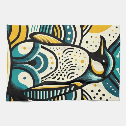 Mosterdgeel Blauwgroen Blauwe Pinguïn in Abstracte Theedoek (Horizontaal)