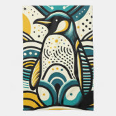 Mosterdgeel Blauwgroen Blauwe Pinguïn in Abstracte Theedoek (Verticaal)