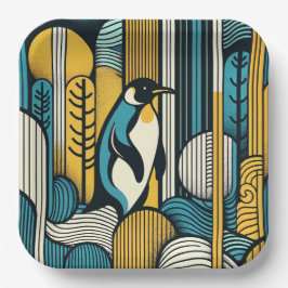 Mosterdgeel Blauwgroen Blauwe Pinguïn in Retro Geo Papieren Bordje