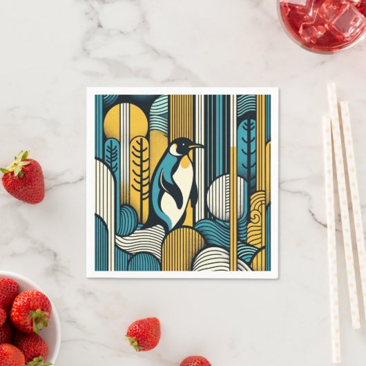 Mosterdgeel Blauwgroen Blauwe Pinguïn in Retro Geo Servet (Insitu)