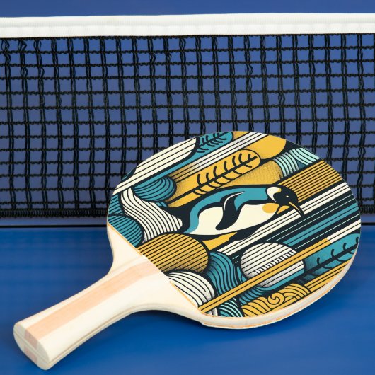 Mosterdgeel Blauwgroen Blauwe Pinguïn in Retro Geo Tafeltennisbatje (Insitu)