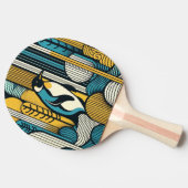 Mosterdgeel Blauwgroen Blauwe Pinguïn in Retro Geo Tafeltennisbatje (Zijkant)