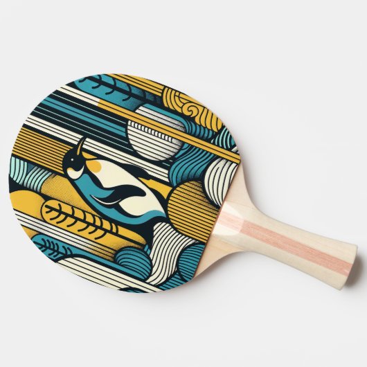 Mosterdgeel Blauwgroen Blauwe Pinguïn in Retro Geo Tafeltennisbatje (Zijkant)