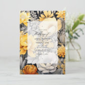 Mosterdgeel en lichtgrijs bloemenbruiloft kaart (Staand voorkant)