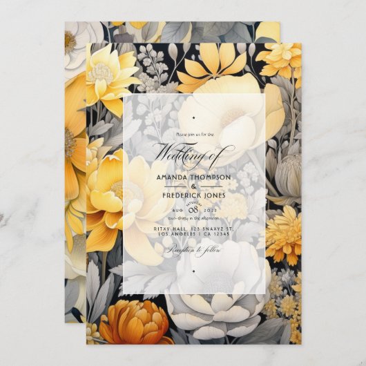 Mosterdgeel en lichtgrijs bloemenbruiloft kaart (Voorkant / Achterkant)