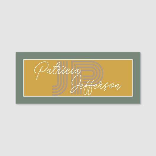 Mosterdgeel en salie groen handgeschreven monogram naamplaatje (Voorkant)