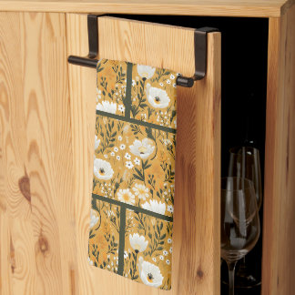 Mosterdgeel en wit botanisch bloemmotief theedoek