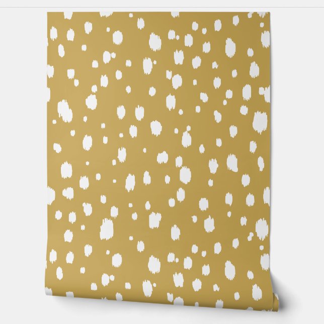 Mosterdgeel en witte abstracte stippen behang (Afrollen)
