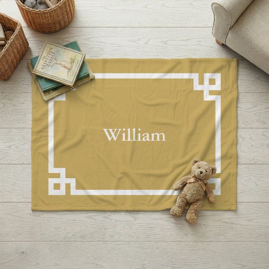 Mosterdgeel en Witte Griekse Sleutel Monogram Fleece Deken