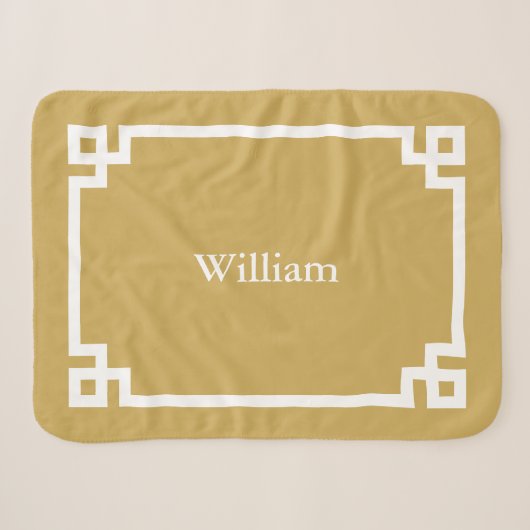 Mosterdgeel en Witte Griekse Sleutel Monogram Sherpa Deken (Voorkant (horizontaal))