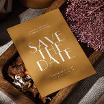 Mosterdgeel herfst moderne minimalistische bruilof save the date<br><div class="desc">Herfst / herfst moderne eenvoudige typografie minimalistische bruiloft Save the Date in mosterdgeel en oker kleuren. Neem contact met me op als je extra items nodig hebt.</div>