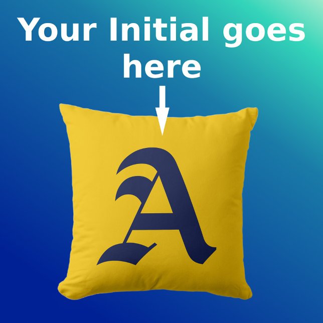 Mosterdgeel Minimaal Marineblauw Initiaal Monogram Kussen (Front with Background)